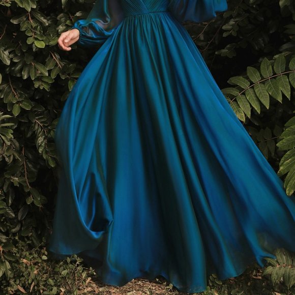 COPY - NEW PEACOCK COLOR WEDDING EVENING LONG SLEEVE CHIFFON A-LINE LONG DRESS … - Picture 5 of 6